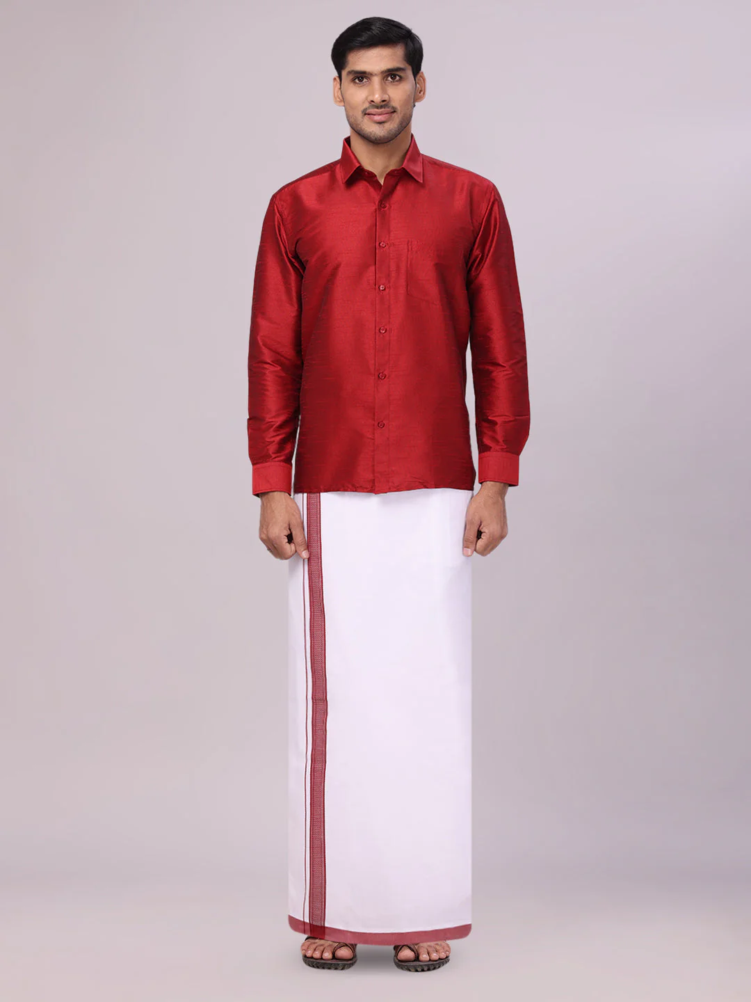 Mens Red Dupion Satin Color Shirt with Matching Border Dhoti Combo Gora
