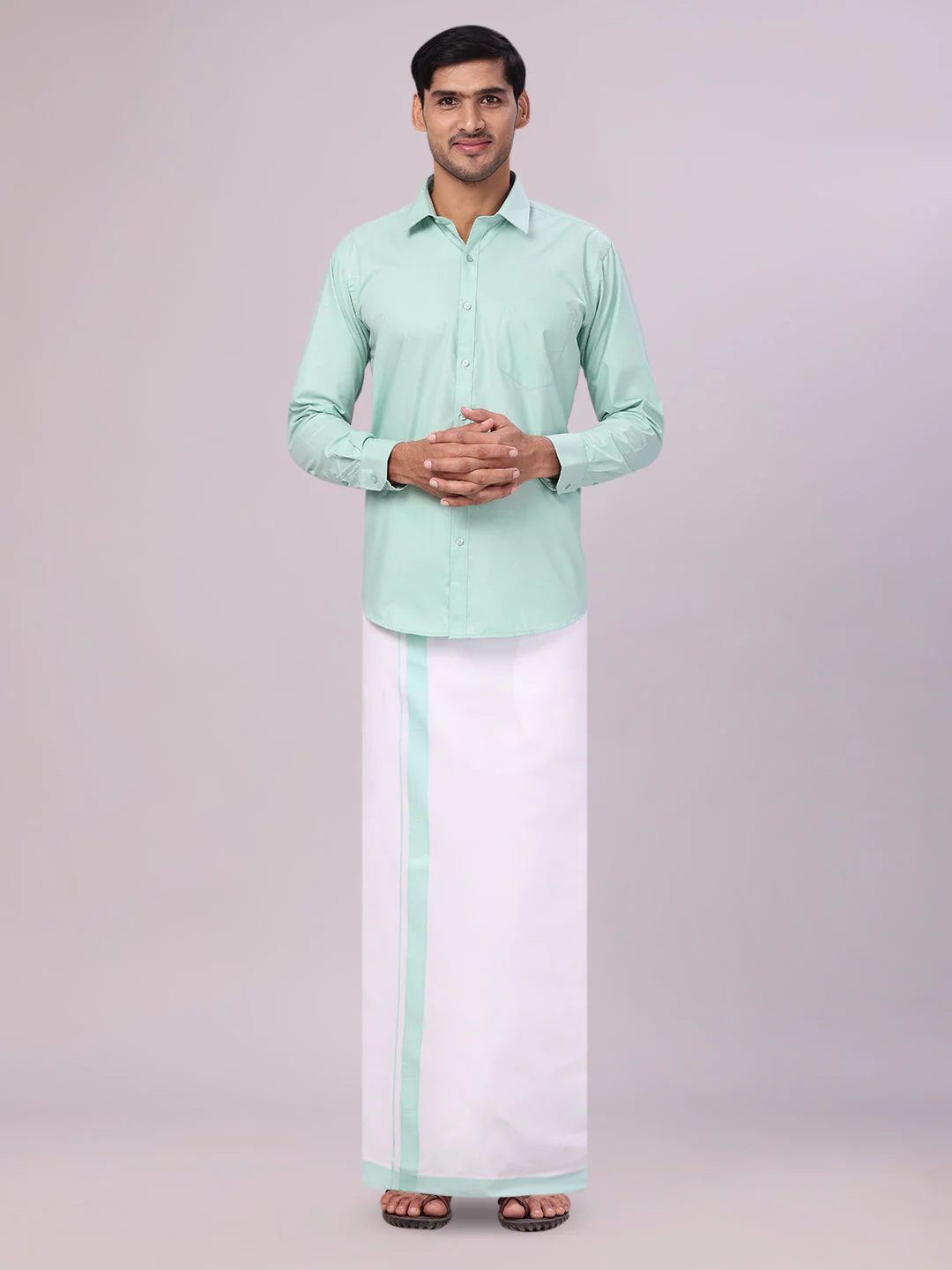 Mens Sea Green Color Shirt with Matching Border Dhoti Combo Casper