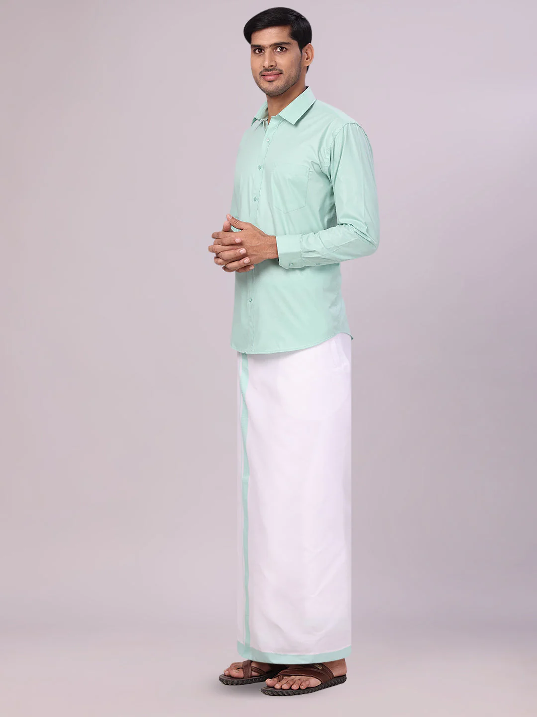 Mens Sea Green Color Shirt with Matching Border Dhoti Combo Casper - Image 2