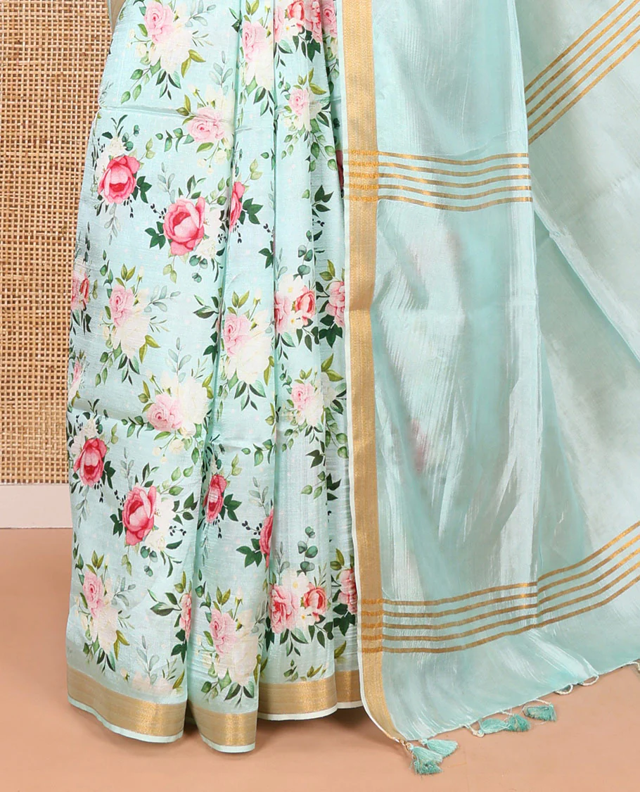 Mint green colorful rose floral motifs digital printed banana pith saree, piping border, striped pallu, and floral printed blouse - Image 3