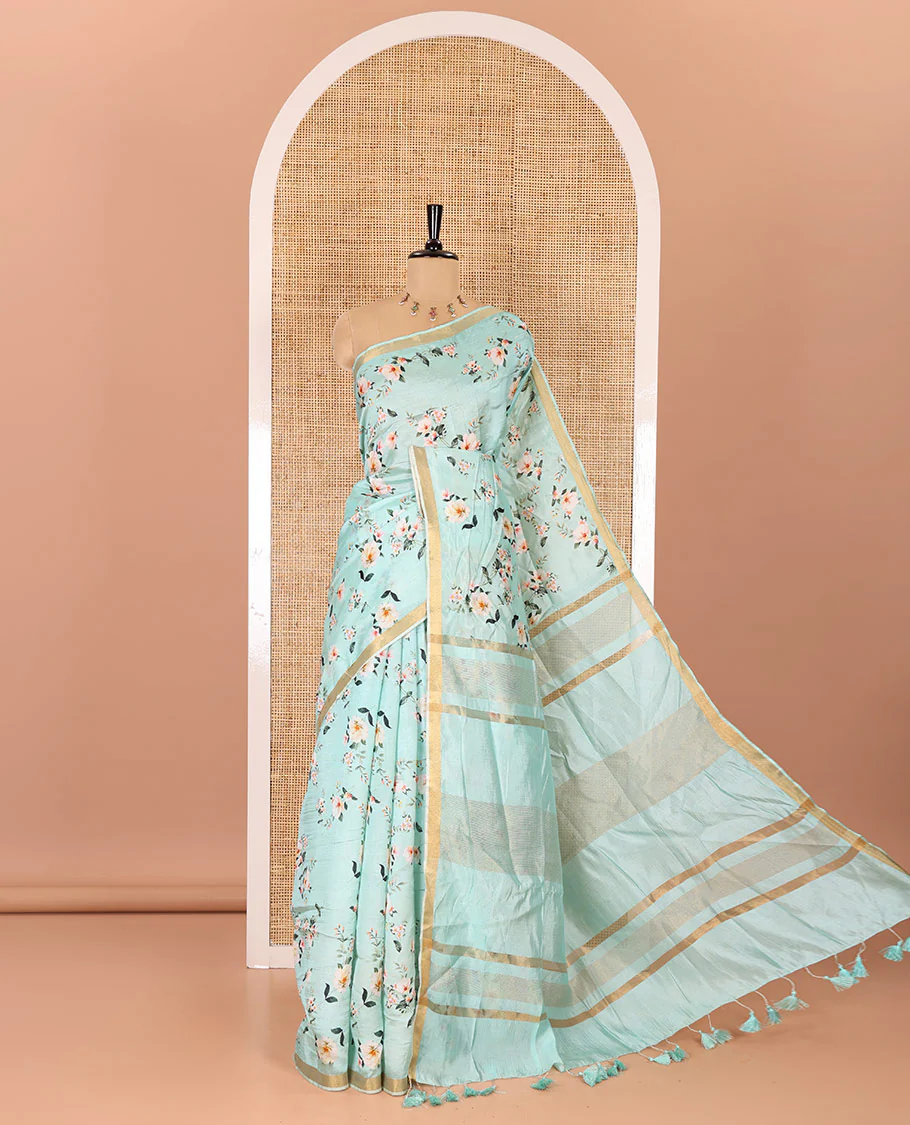 Mint green floral motifs digital printed banana pith saree, piping border, striped pallu, and floral printed blouse - Image 4