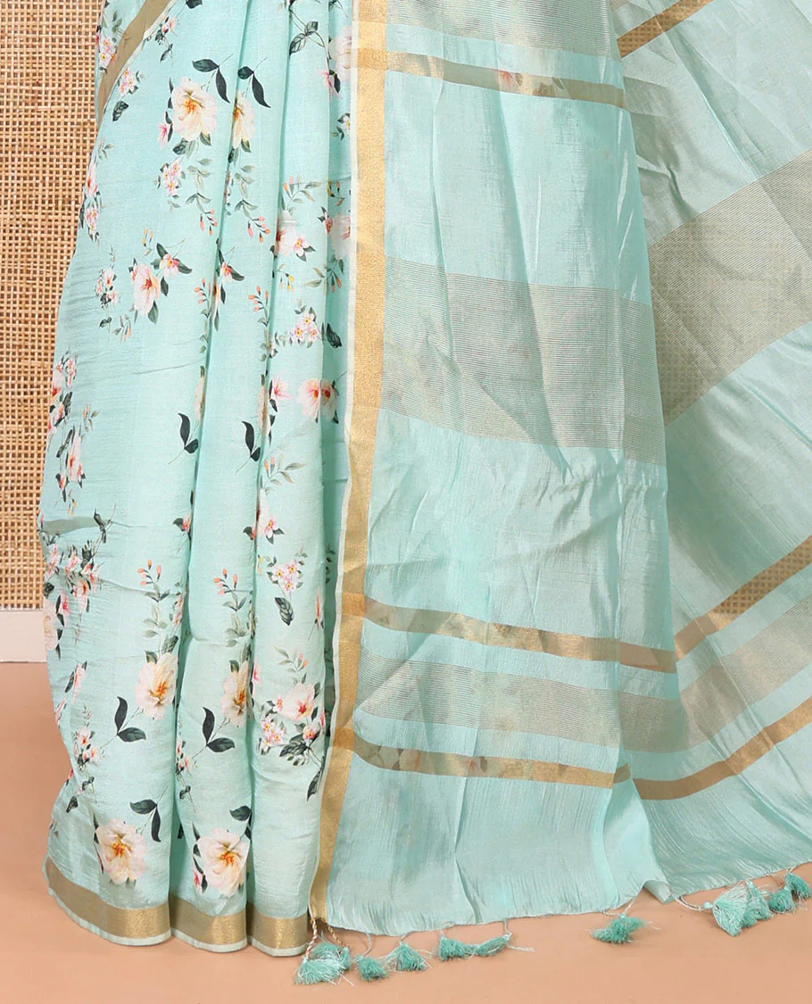 Mint green floral motifs digital printed banana pith saree, piping border, striped pallu, and floral printed blouse - Image 6