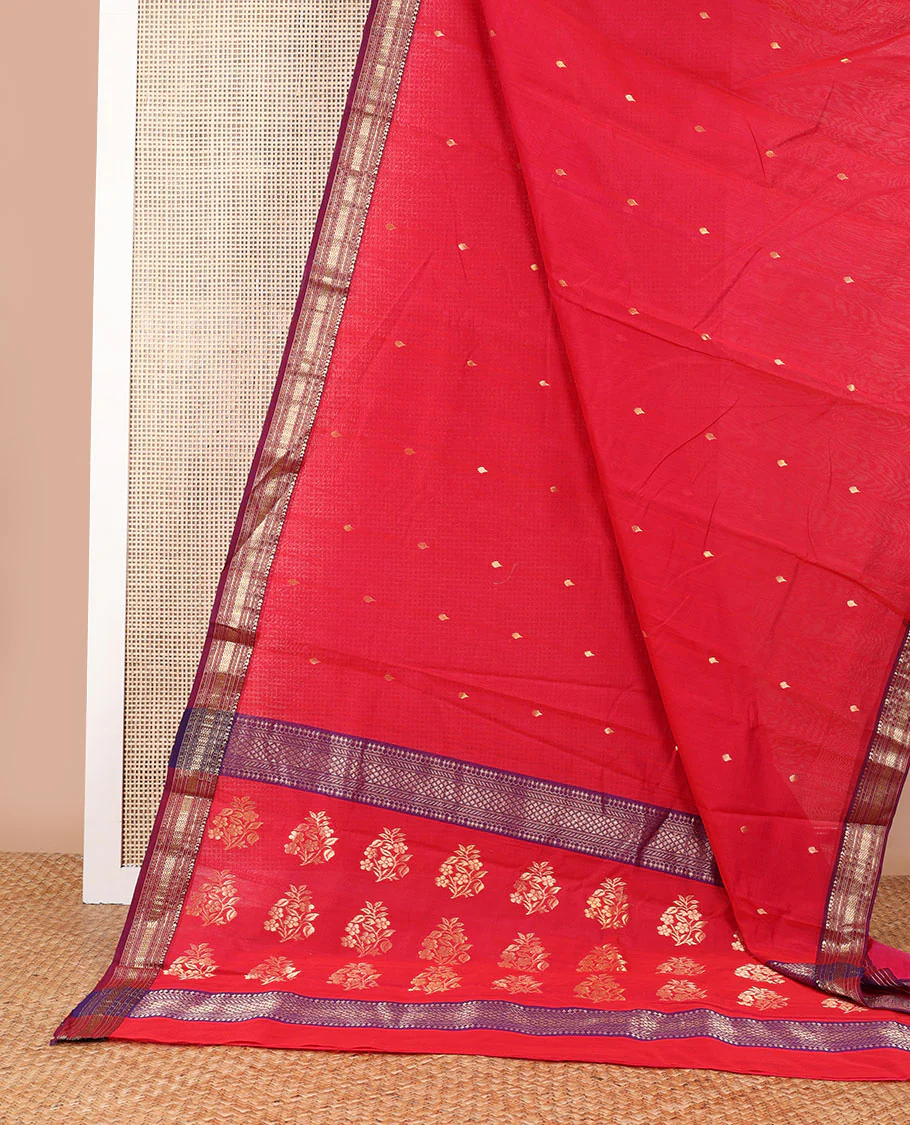 Red motifs chanderi cotton saree with contrast traditional zari design border & floral design pallu - Image 2