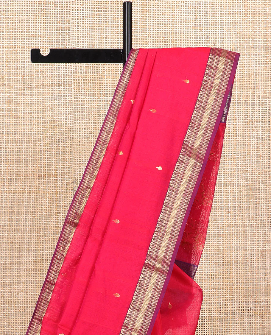 Red motifs chanderi cotton saree with contrast traditional zari design border & floral design pallu - Image 3