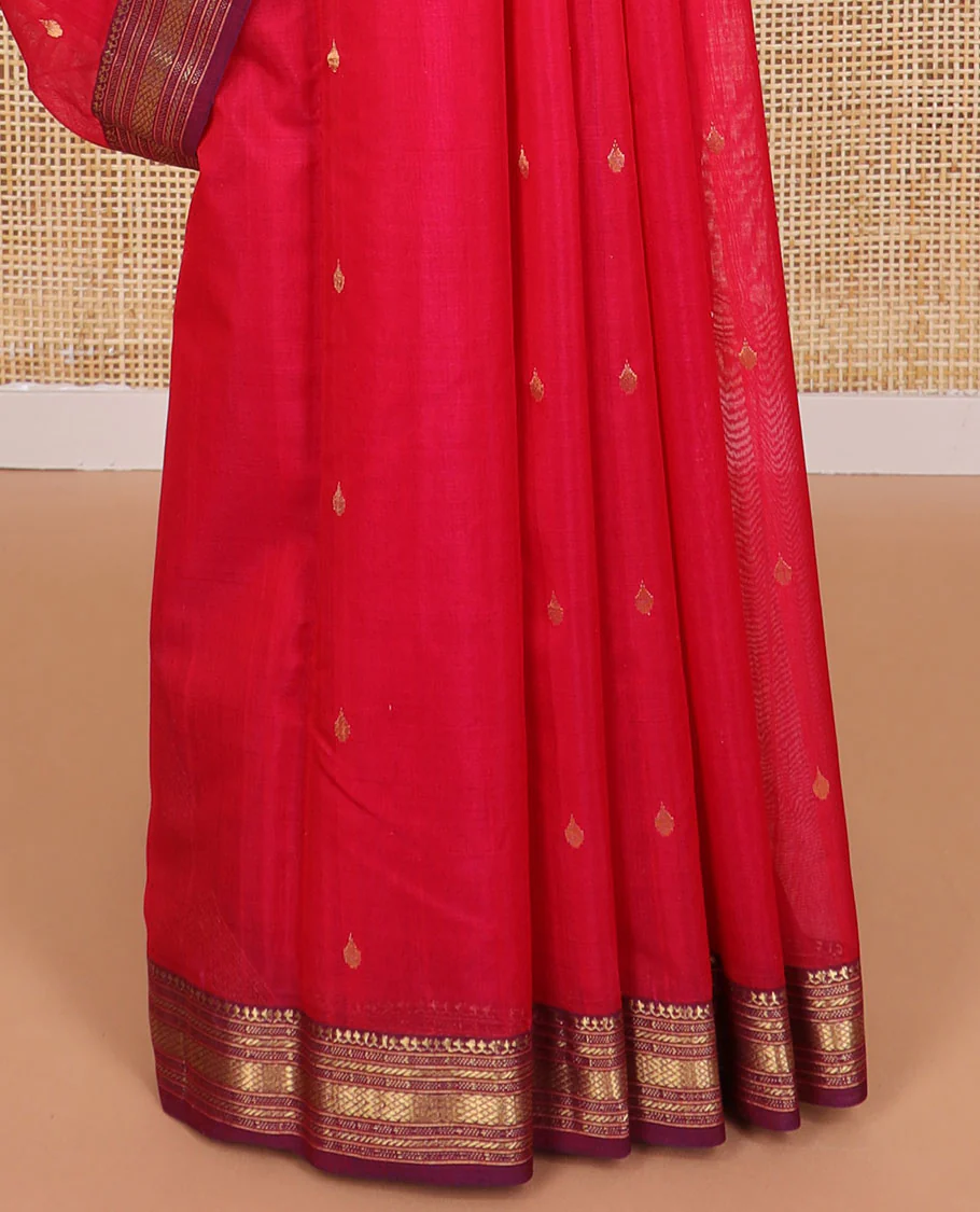 Red motifs chanderi cotton saree with contrast traditional zari design border & floral design pallu - Image 4
