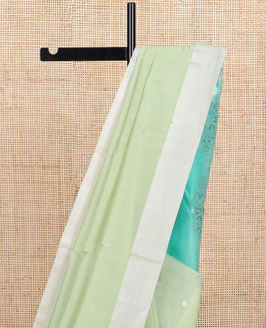 Mint green motifs chanderi cotton saree with self zari border & floral design pallu - Image 3