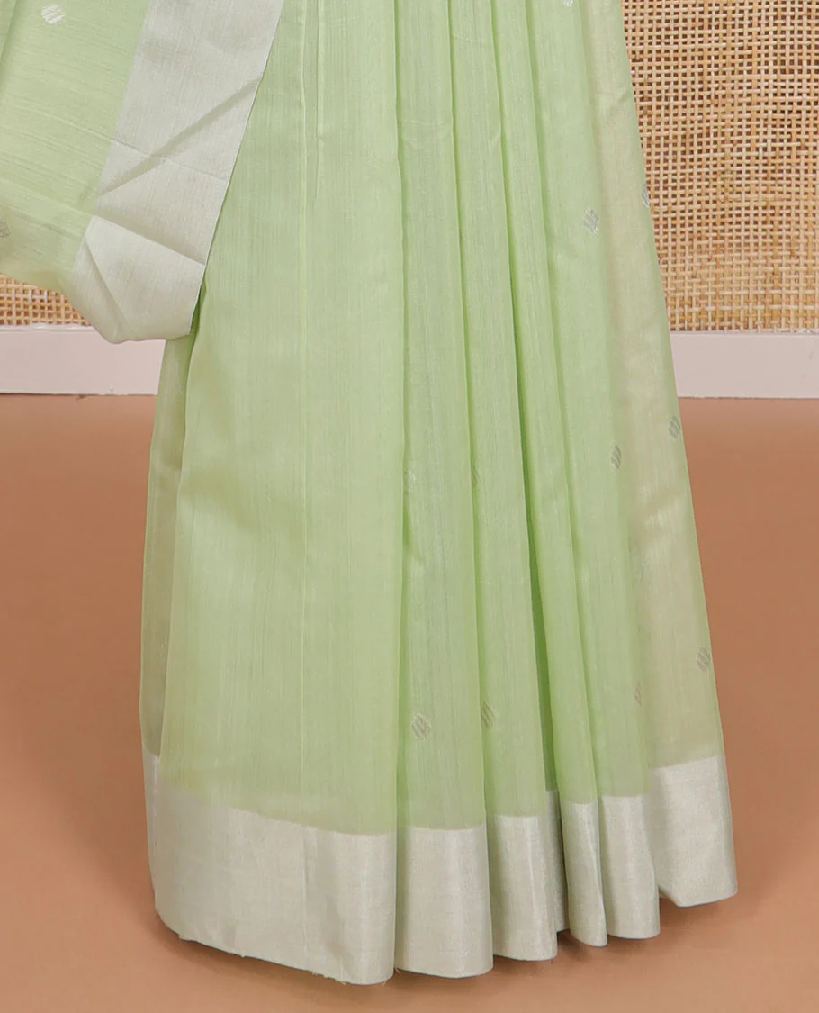 Mint green motifs chanderi cotton saree with self zari border & floral design pallu - Image 4