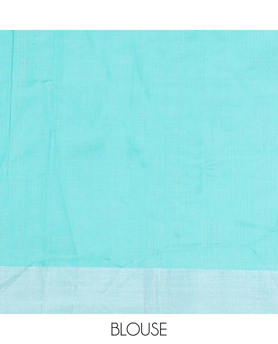 Mint green motifs chanderi cotton saree with self zari border & floral design pallu - Image 5
