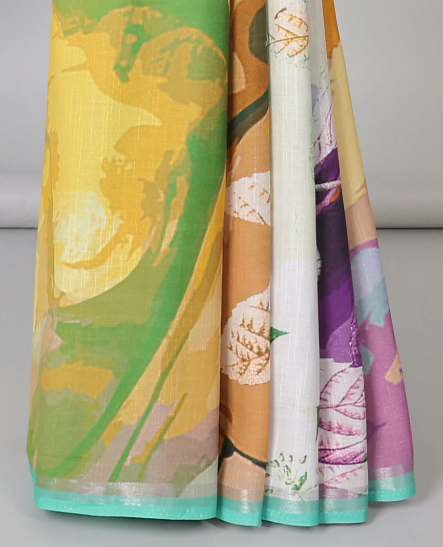 Multi-color abstract & floral printed semi-banaras linen saree, self-border - Image 3
