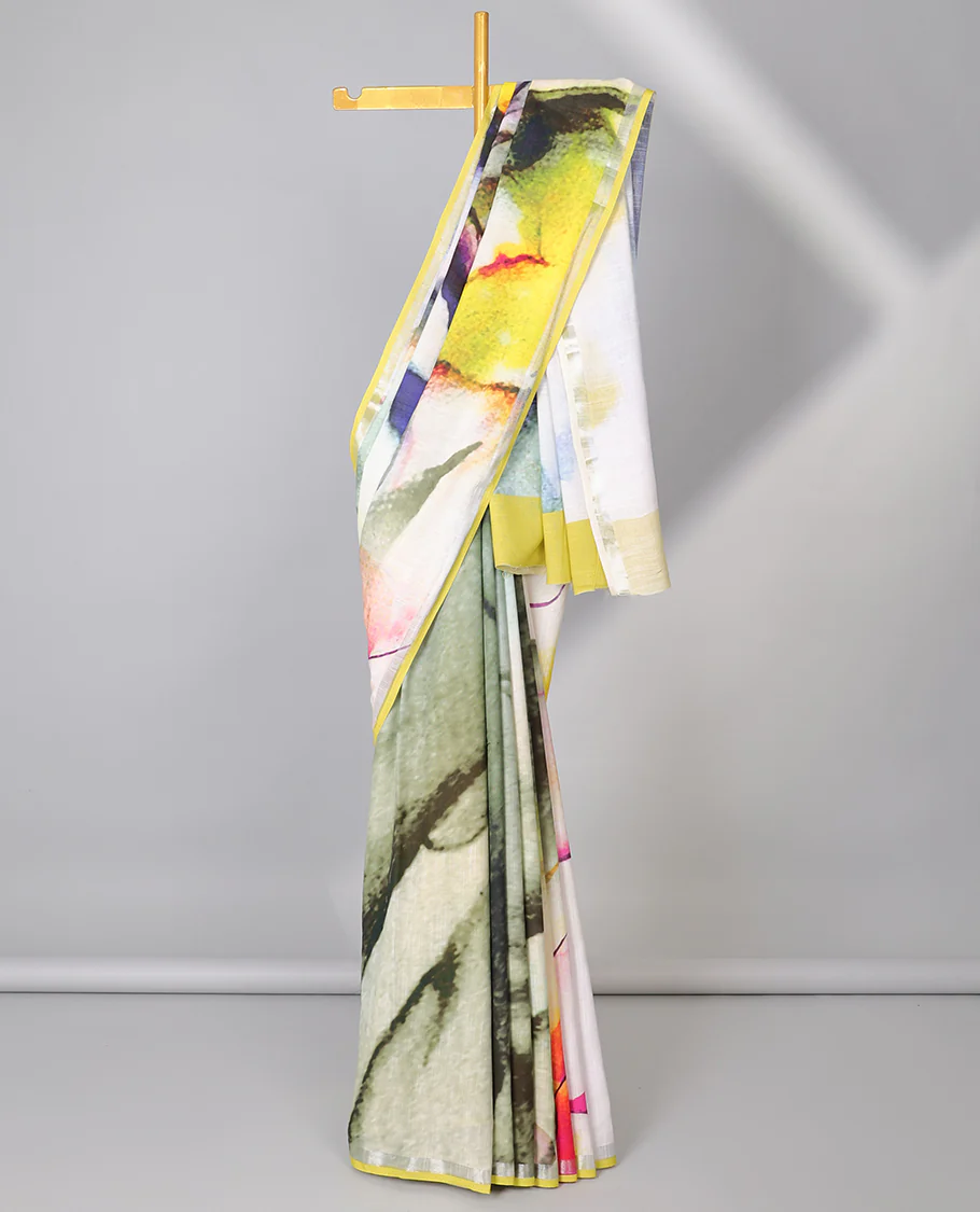 Multi-color abstract printed semi-banaras linen saree, self-border