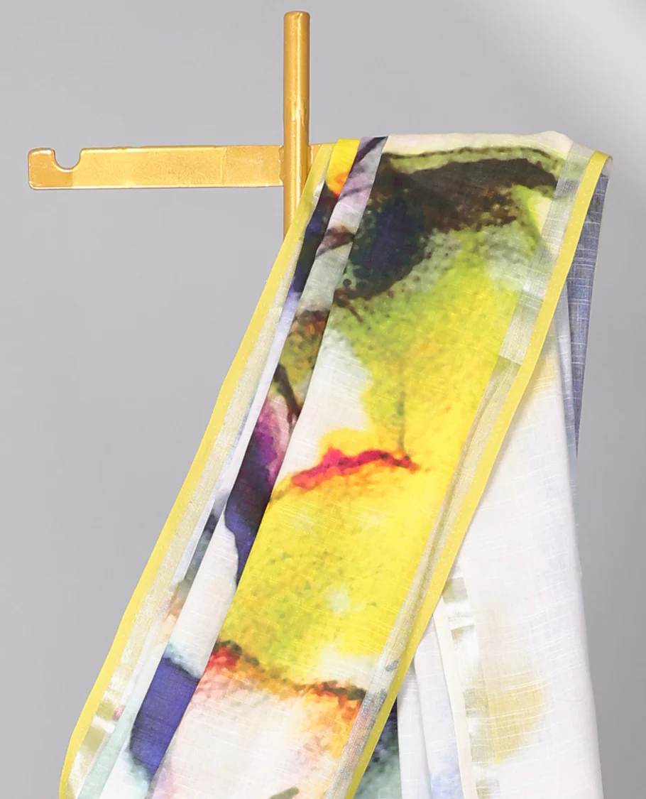 Multi-color abstract printed semi-banaras linen saree, self-border - Image 2