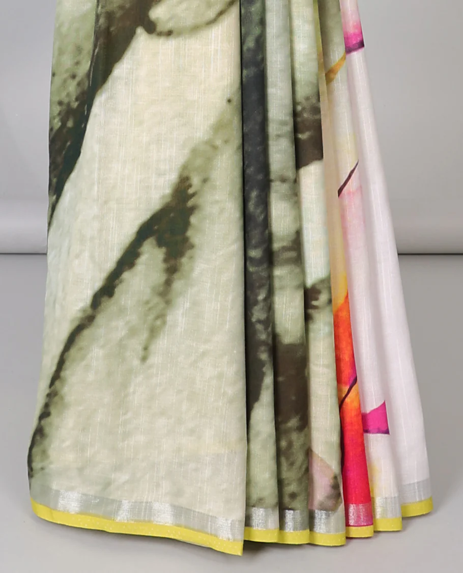 Multi-color abstract printed semi-banaras linen saree, self-border - Image 3