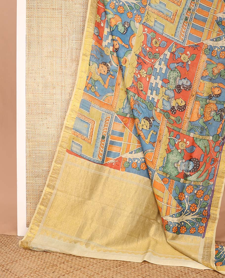 Multi-color ancient human motifs painted pen kalamkari silk saree, traditional zari border, and zari-rich jaal pallu - Image 3