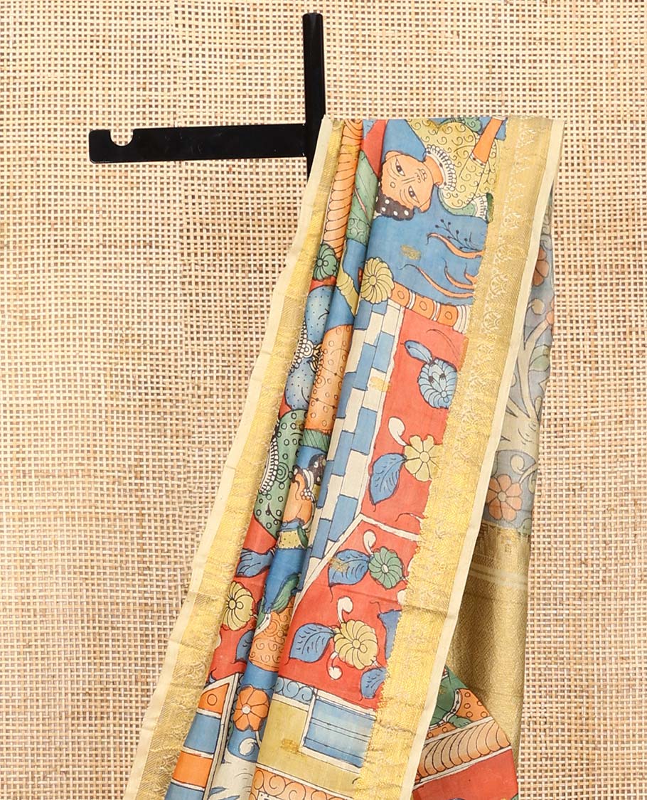 Multi-color ancient human motifs painted pen kalamkari silk saree, traditional zari border, and zari-rich jaal pallu - Image 4