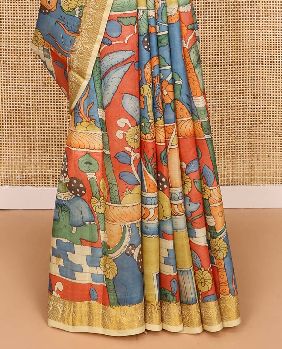 Multi-color ancient human motifs painted pen kalamkari silk saree, traditional zari border, and zari-rich jaal pallu - Image 5