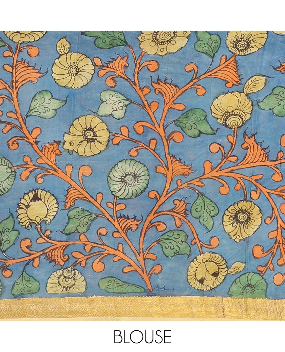 Multi-color ancient human motifs painted pen kalamkari silk saree, traditional zari border, and zari-rich jaal pallu - Image 6
