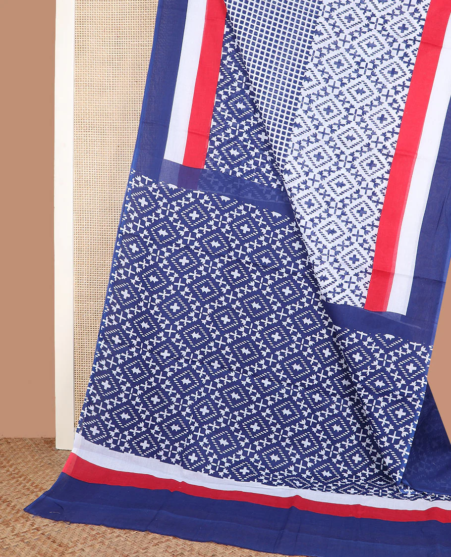 Multi-color argyle and checks printed mixed cotton saree, plain border, and jaal patterned pallu