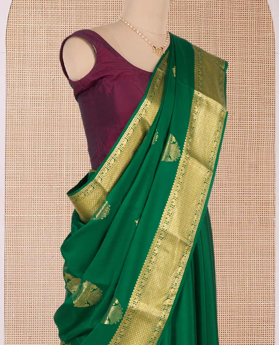 Green two-headed eagle motifs zari woven Mysore silk saree, traditional zari border, and contrast intricate pallu - Image 3
