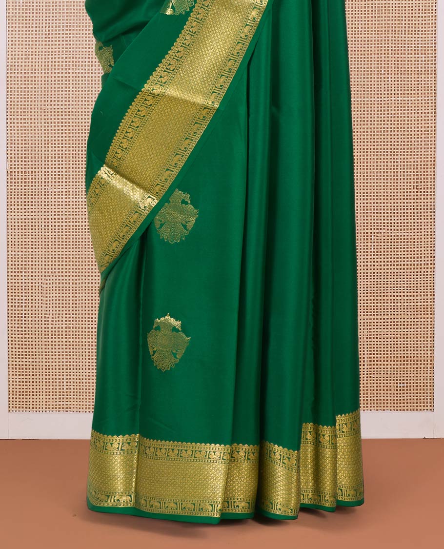 Green two-headed eagle motifs zari woven Mysore silk saree, traditional zari border, and contrast intricate pallu - Image 4