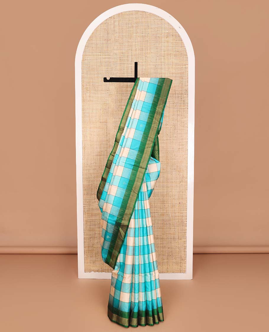 Multi-color bold checked Mayuri soft silk saree, contrast Vaira Oosi border, and pallu of geometric patterns
