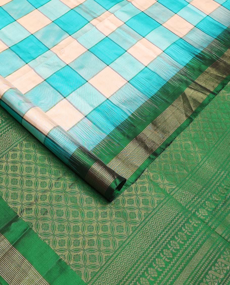 Multi-color bold checked Mayuri soft silk saree, contrast Vaira Oosi border, and pallu of geometric patterns - Image 2