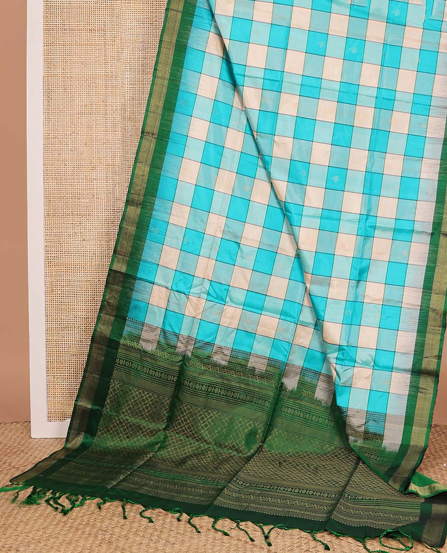 Multi-color bold checked Mayuri soft silk saree, contrast Vaira Oosi border, and pallu of geometric patterns - Image 3