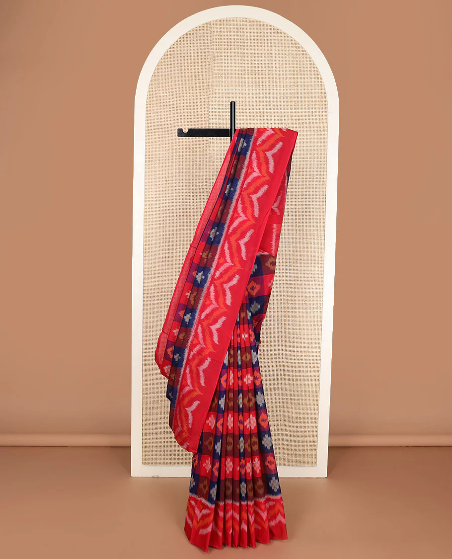 Multi-color butta enclosed checked Pochampally cotton saree, contrast zig-zag design border & triangle motifs steeped pallu