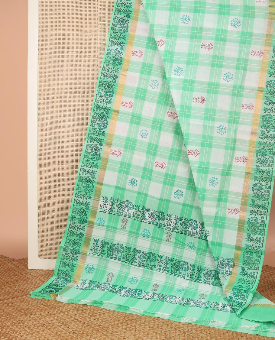 Multi-color checked and buttas block printed Chirala cotton saree, floral and fauna printed border, and pallu - Image 2
