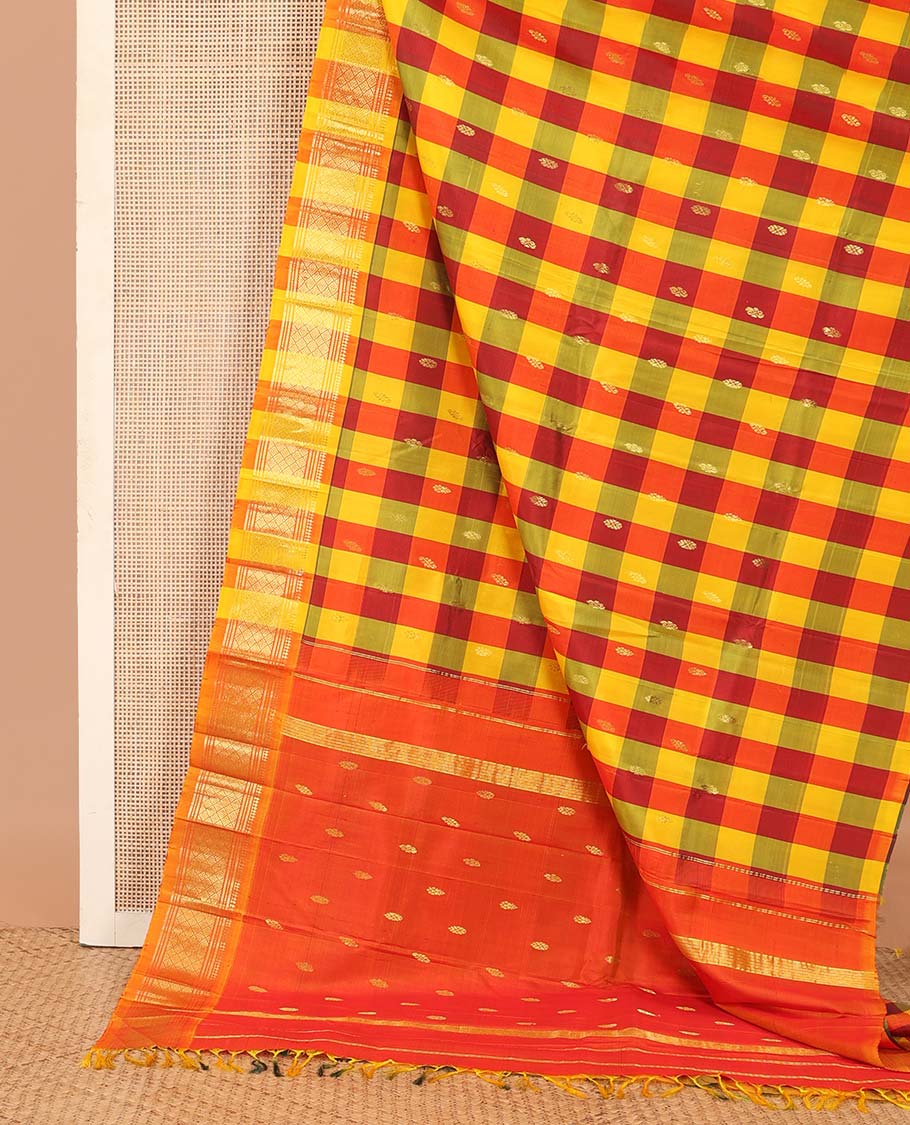Multi-color checked and zari buttas Kanchipuram silk saree, one-sided border of paneer sombu, banaras, muthu, and jaal designs, and zari design pallu - Image 3