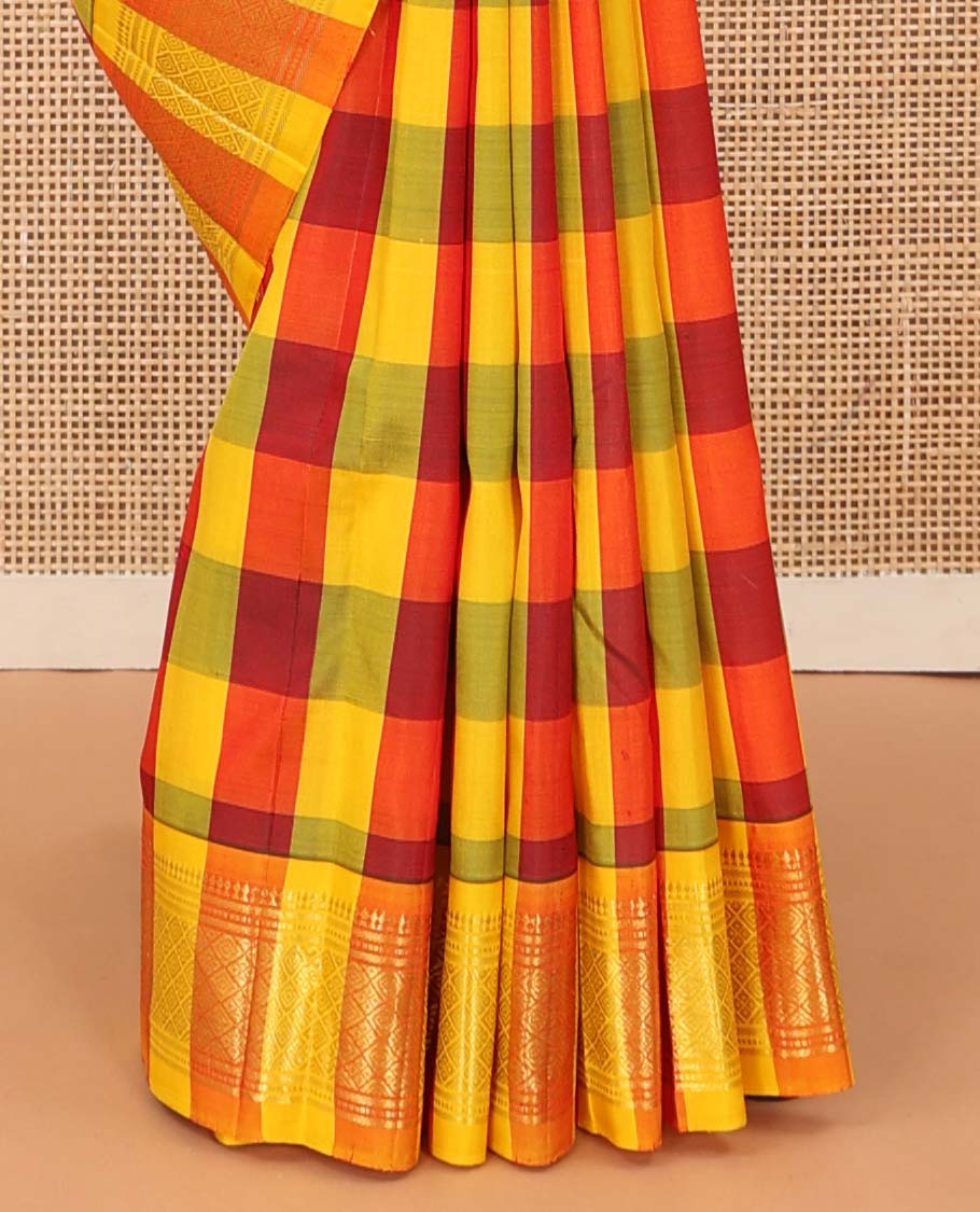 Multi-color checked and zari buttas Kanchipuram silk saree, one-sided border of paneer sombu, banaras, muthu, and jaal designs, and zari design pallu - Image 5