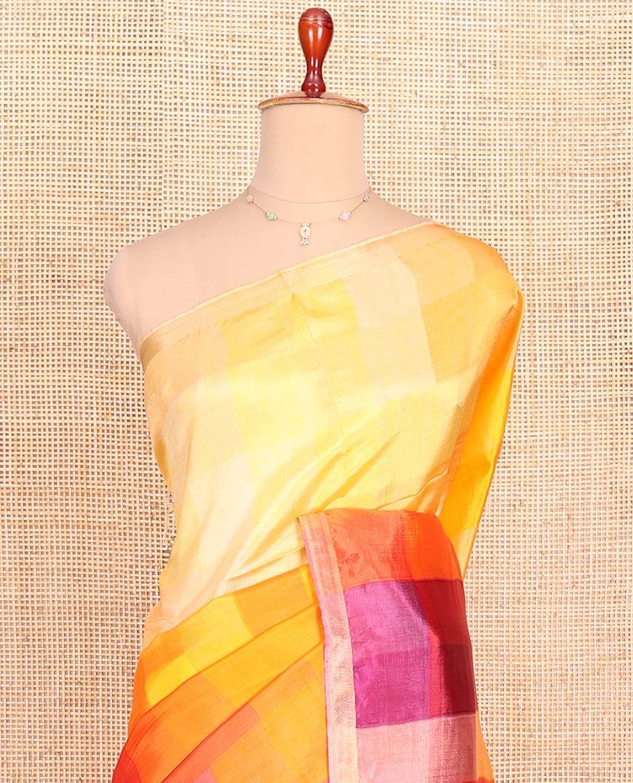 Multi-Color Checked Banana Pith Saree, Sparsely Designed Zari Bavanji Border, Complemented with a Contrast Zari Striped Pallu, and a Plain Blouse - Image 2