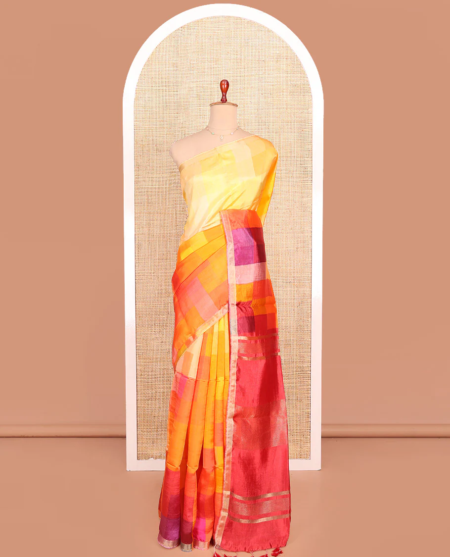 Multi-Color Checked Banana Pith Saree, Sparsely Designed Zari Bavanji Border, Complemented with a Contrast Zari Striped Pallu, and a Plain Blouse - Image 3