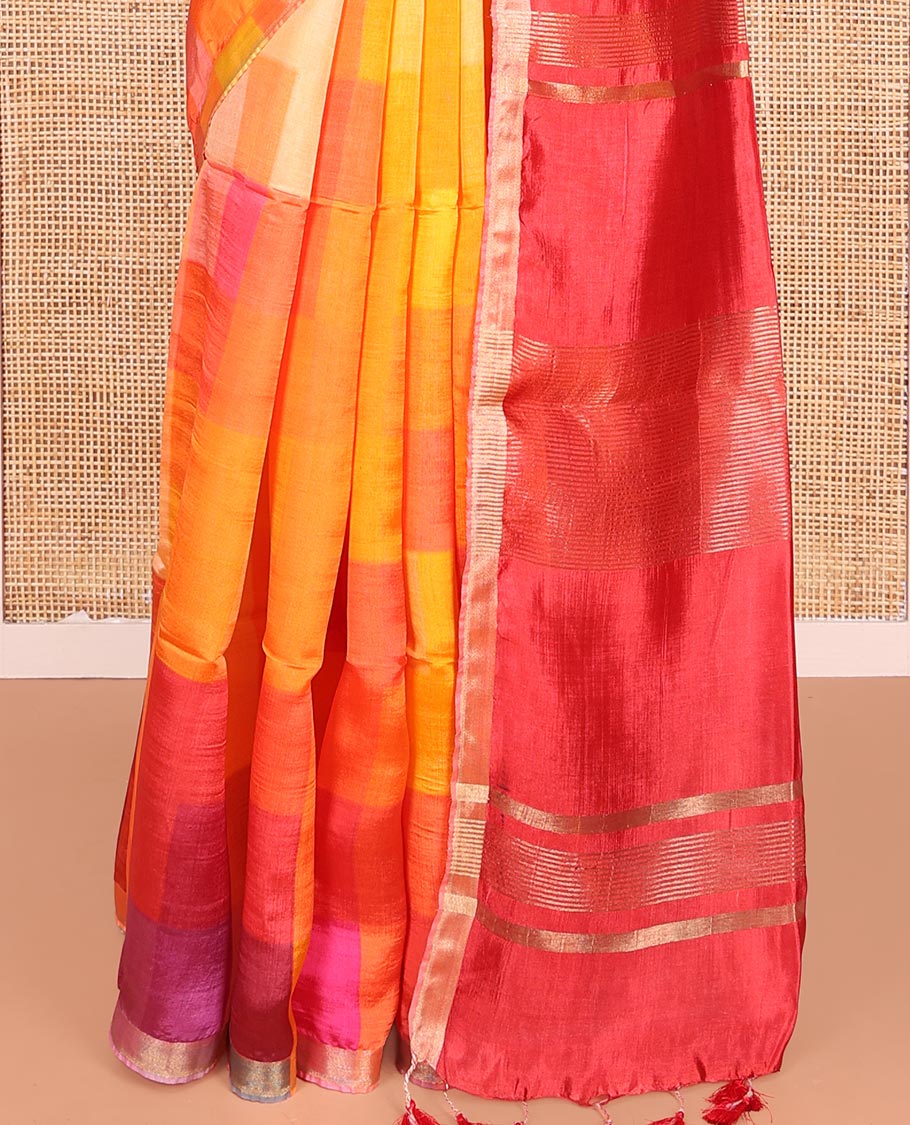 Multi-Color Checked Banana Pith Saree, Sparsely Designed Zari Bavanji Border, Complemented with a Contrast Zari Striped Pallu, and a Plain Blouse - Image 4