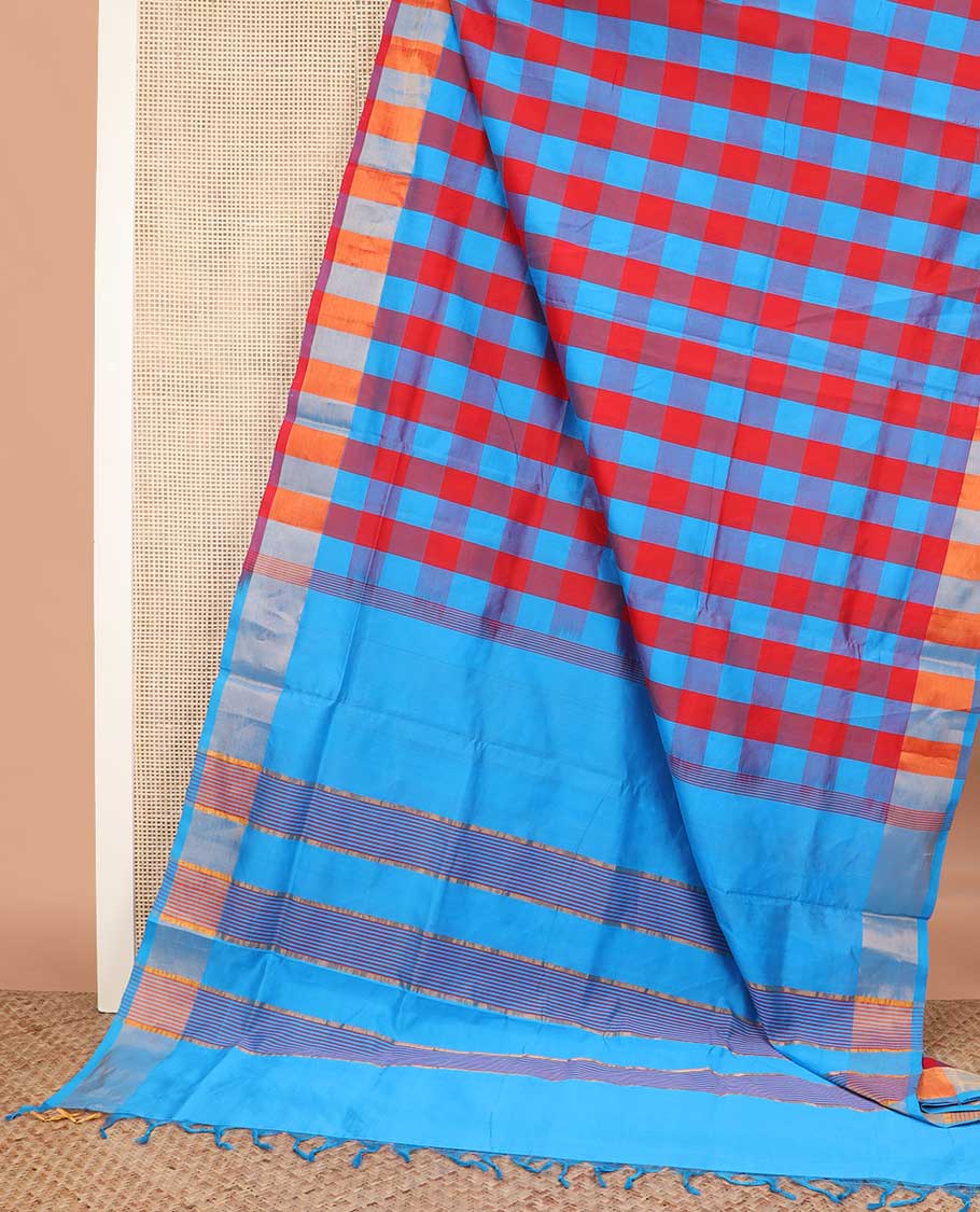 Multi-color checked design poly cotton saree, zari border, and striped pallu - Image 2