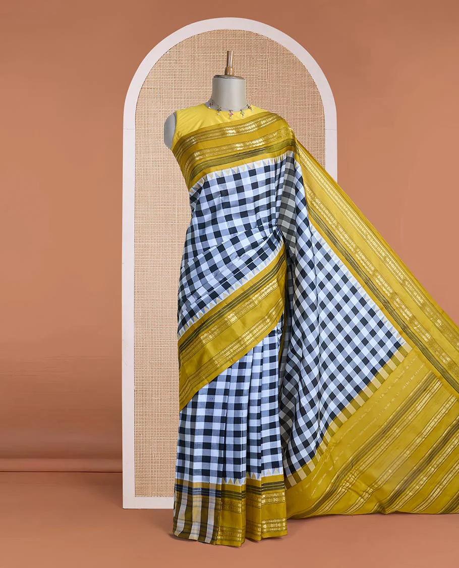Multi-color checked gadwal silk saree, contrast rettai pettu traditional zari design border & pallu of traditional designs - Image 2