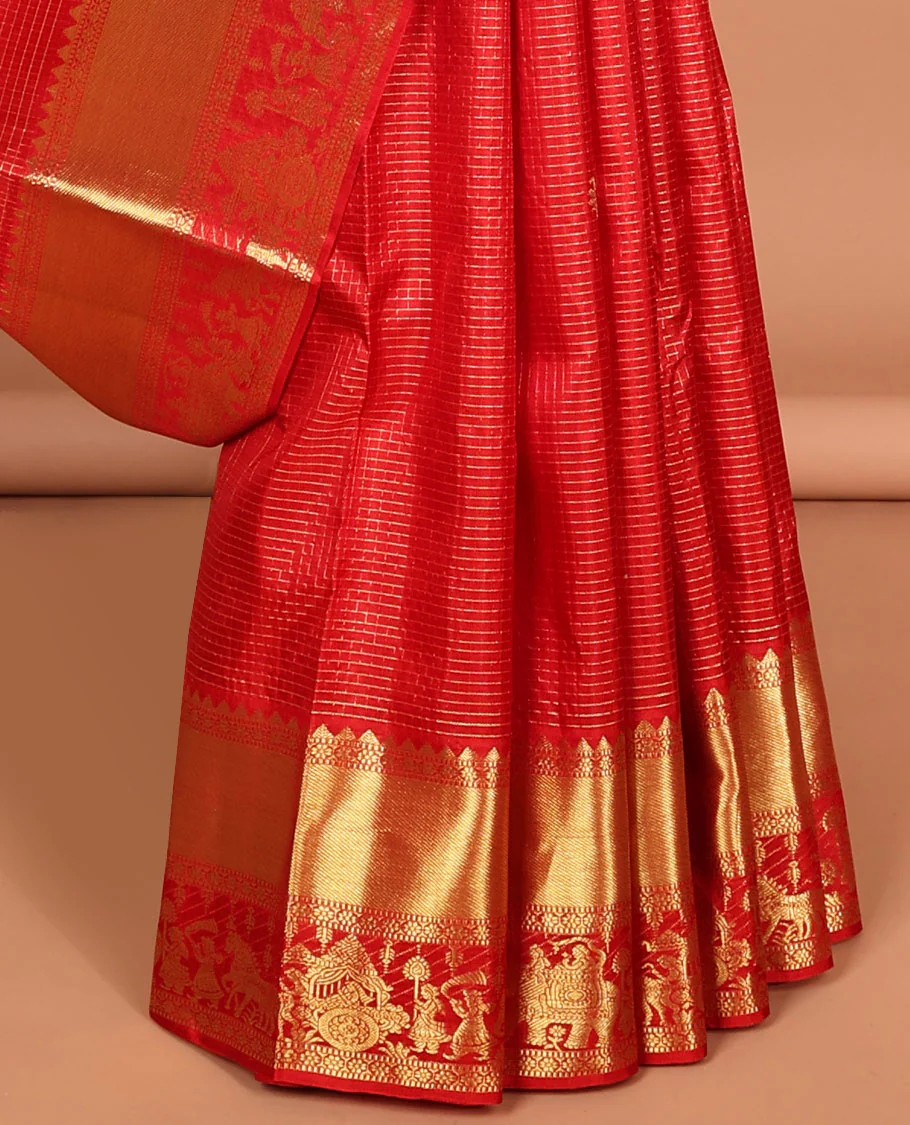 Red checked with floral buttas kancheepuram silk saree, self wedding design border & intricate jaal zari pallu - Image 4