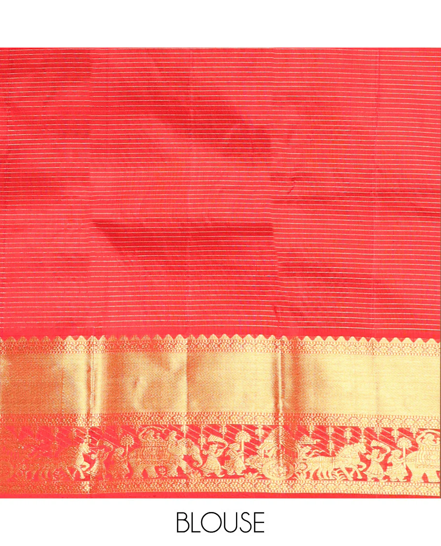 Red checked with floral buttas kancheepuram silk saree, self wedding design border & intricate jaal zari pallu - Image 5