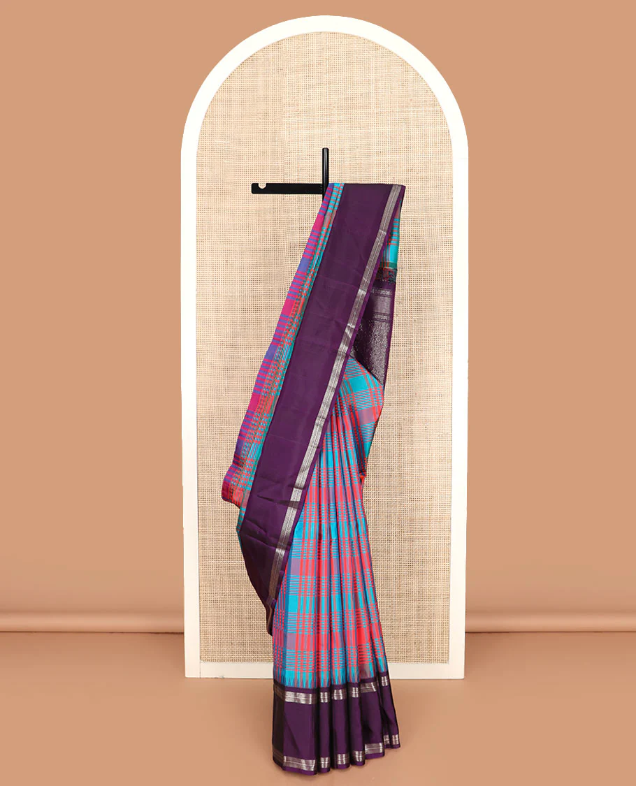 Multi-color checked Kanchipuram silk saree, contrast thazampoo rekku rettai pettu border, and vanasingaram-style flora-fauna motifs woven pallu