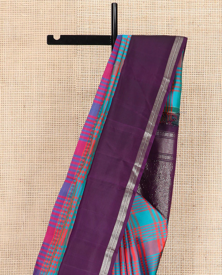 Multi-color checked Kanchipuram silk saree, contrast thazampoo rekku rettai pettu border, and vanasingaram-style flora-fauna motifs woven pallu - Image 3