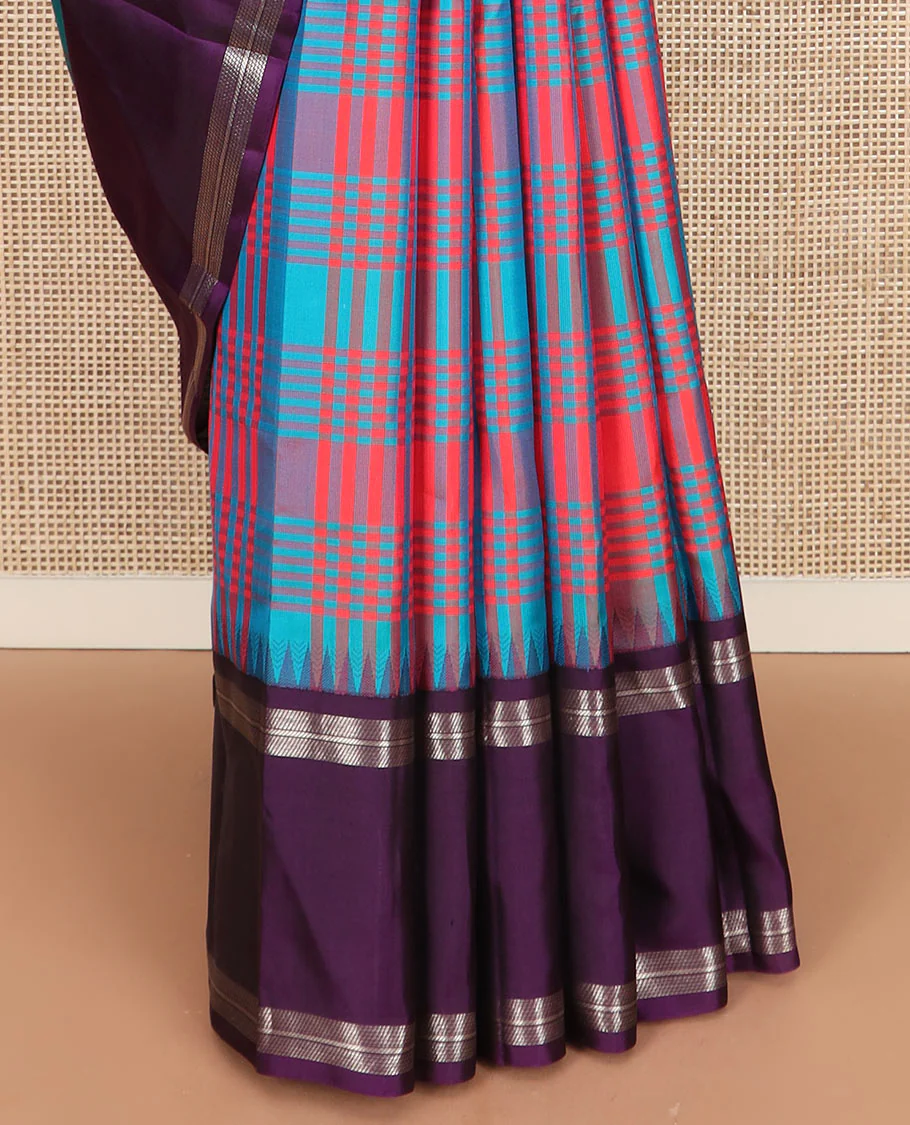 Multi-color checked Kanchipuram silk saree, contrast thazampoo rekku rettai pettu border, and vanasingaram-style flora-fauna motifs woven pallu - Image 4