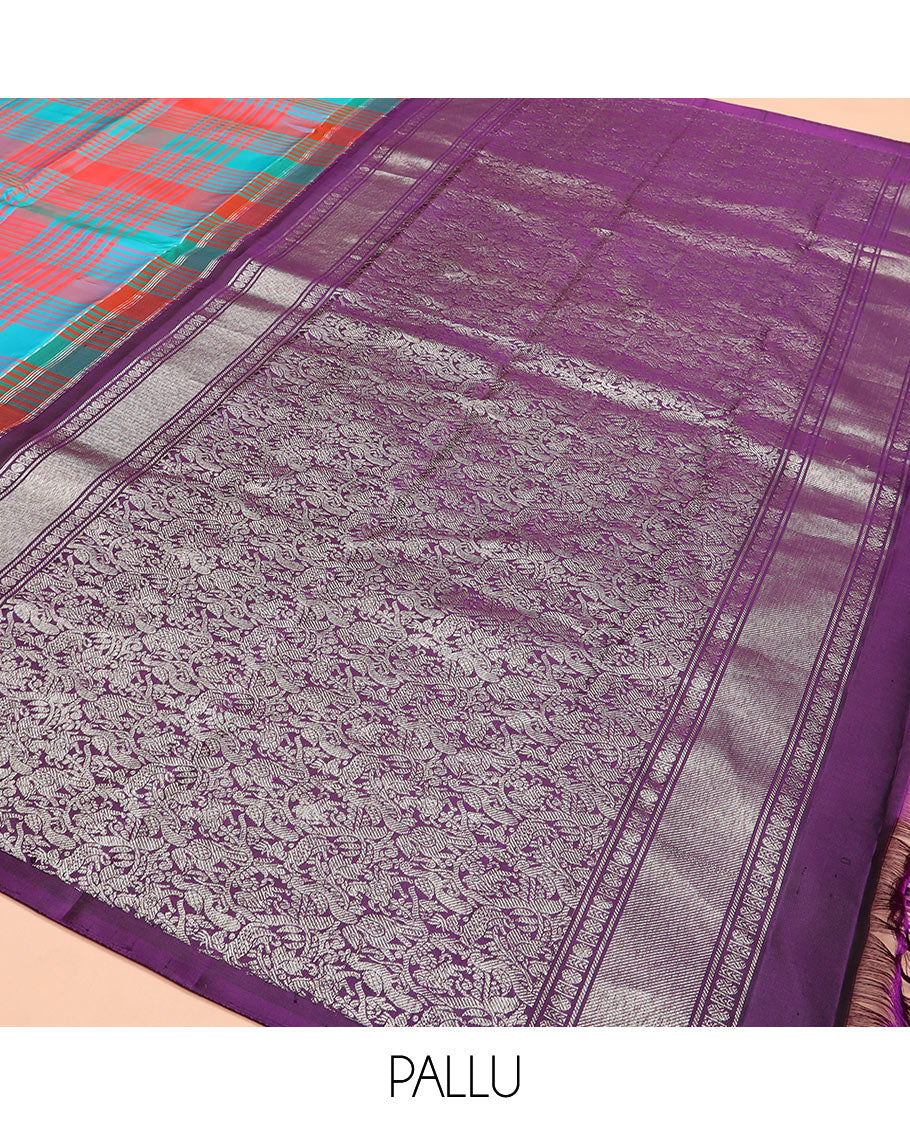 Multi-color checked Kanchipuram silk saree, contrast thazampoo rekku rettai pettu border, and vanasingaram-style flora-fauna motifs woven pallu - Image 5