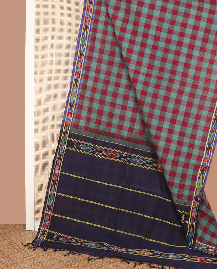 Multi-color checked mixed cotton saree, contrast ikkat border, and striped pallu - Image 2