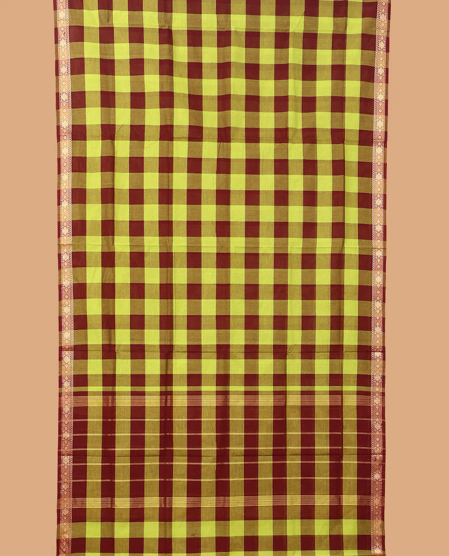 Multi-color checked nine-yard cotton saree, self-border, and pallu of stripes - Image 2