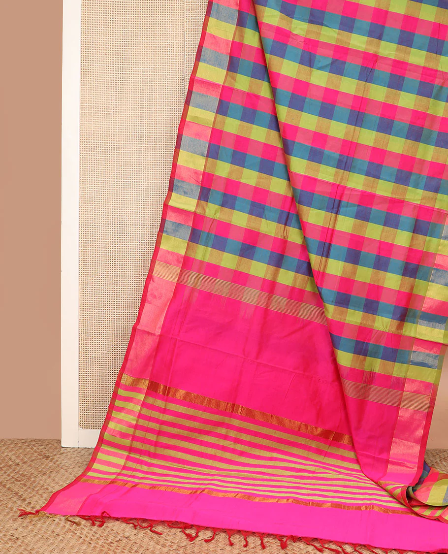 Multi-color checked poly cotton saree, zari border, and pallu of stripes - Image 2