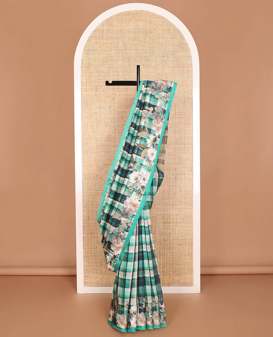 Multi-color checked tussar raw silk weaving saree with floral digital printed border