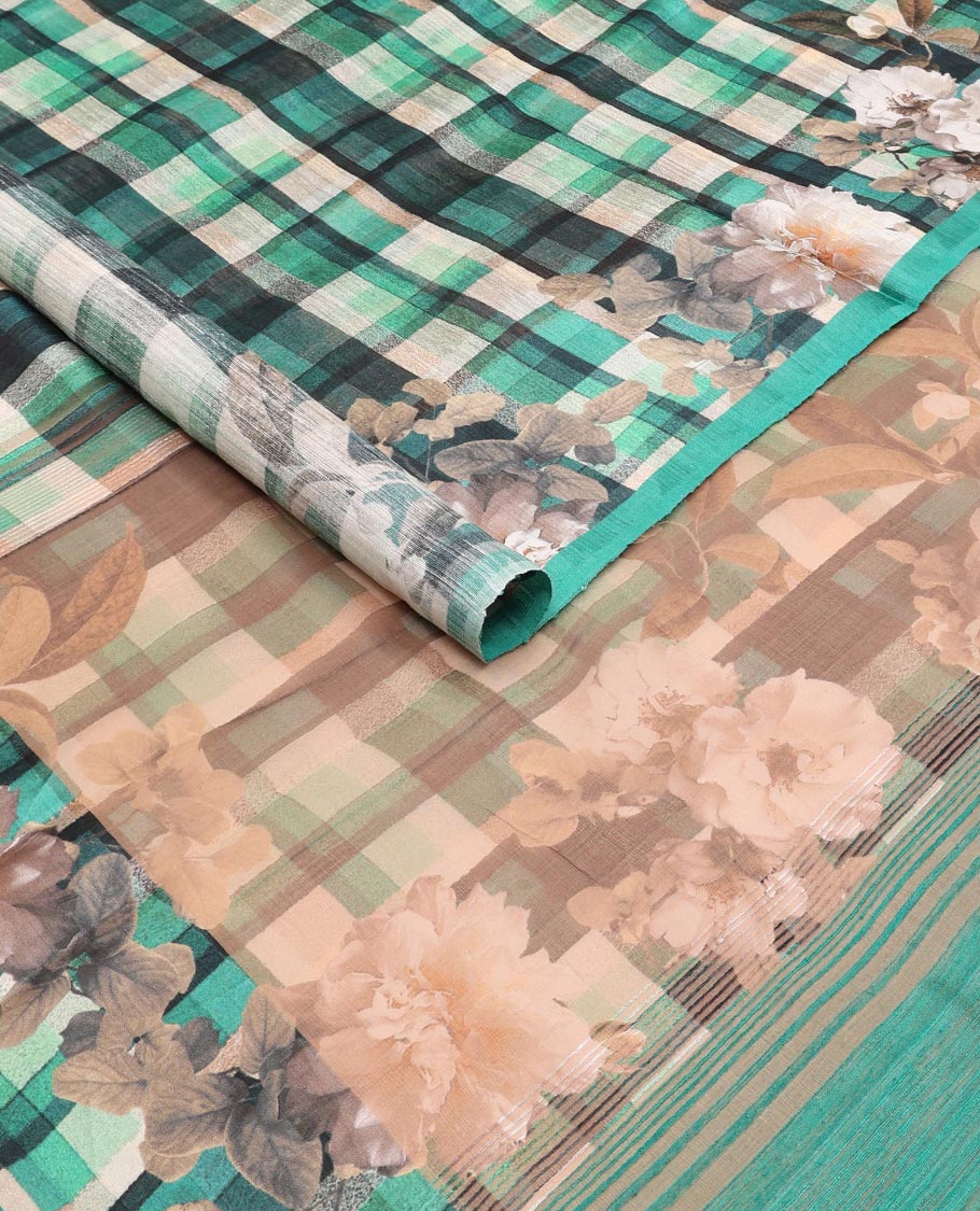 Multi-color checked tussar raw silk weaving saree with floral digital printed border - Image 2