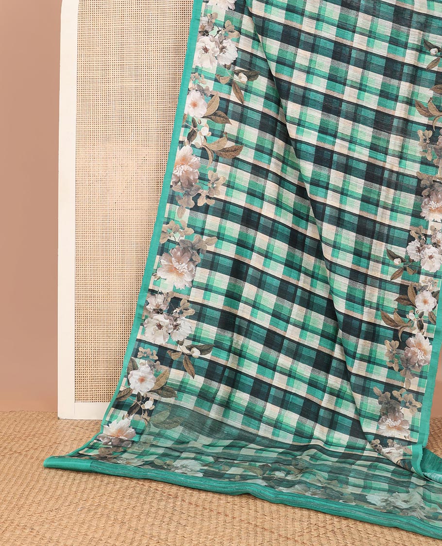 Multi-color checked tussar raw silk weaving saree with floral digital printed border - Image 3
