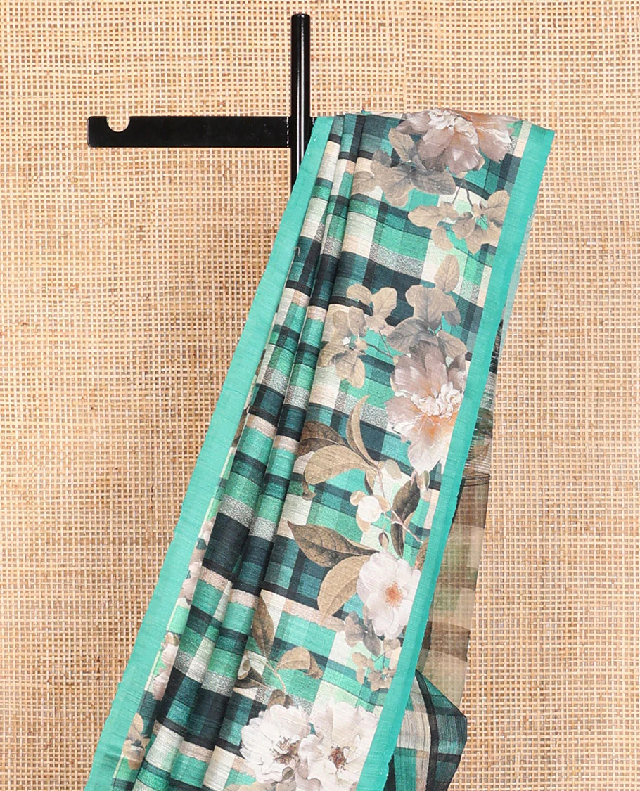 Multi-color checked tussar raw silk weaving saree with floral digital printed border - Image 4