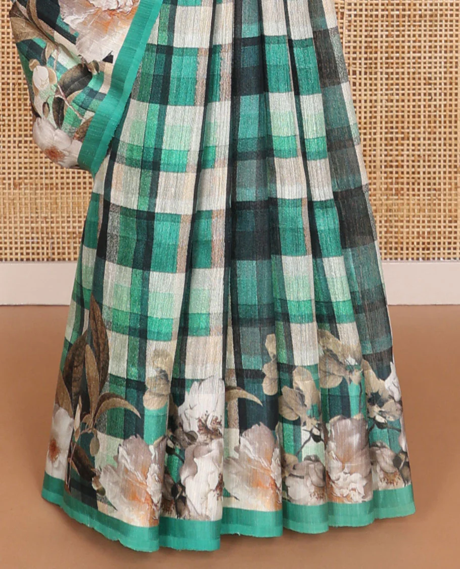 Multi-color checked tussar raw silk weaving saree with floral digital printed border - Image 5