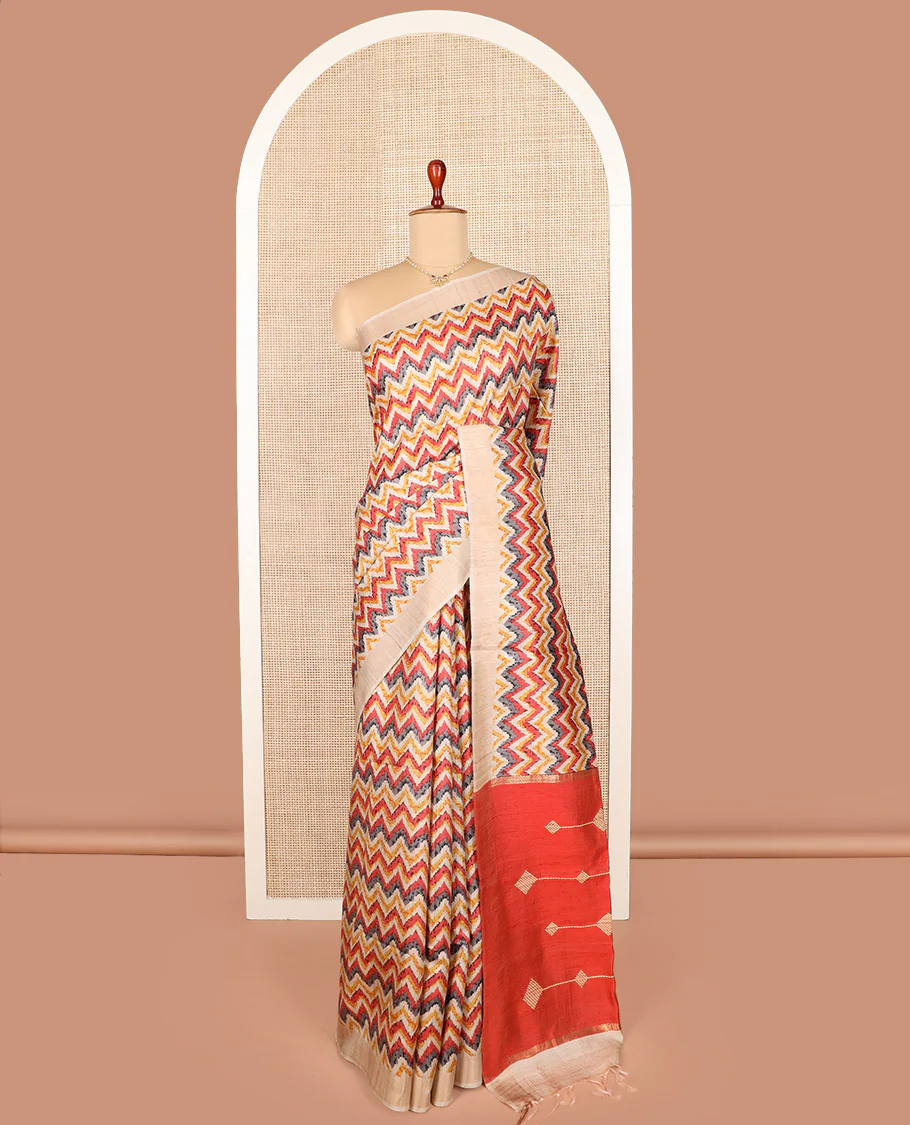 Multi-color chevron design printed tussar saree, contrast border, and pallu of stripes and diamond designs - Image 2